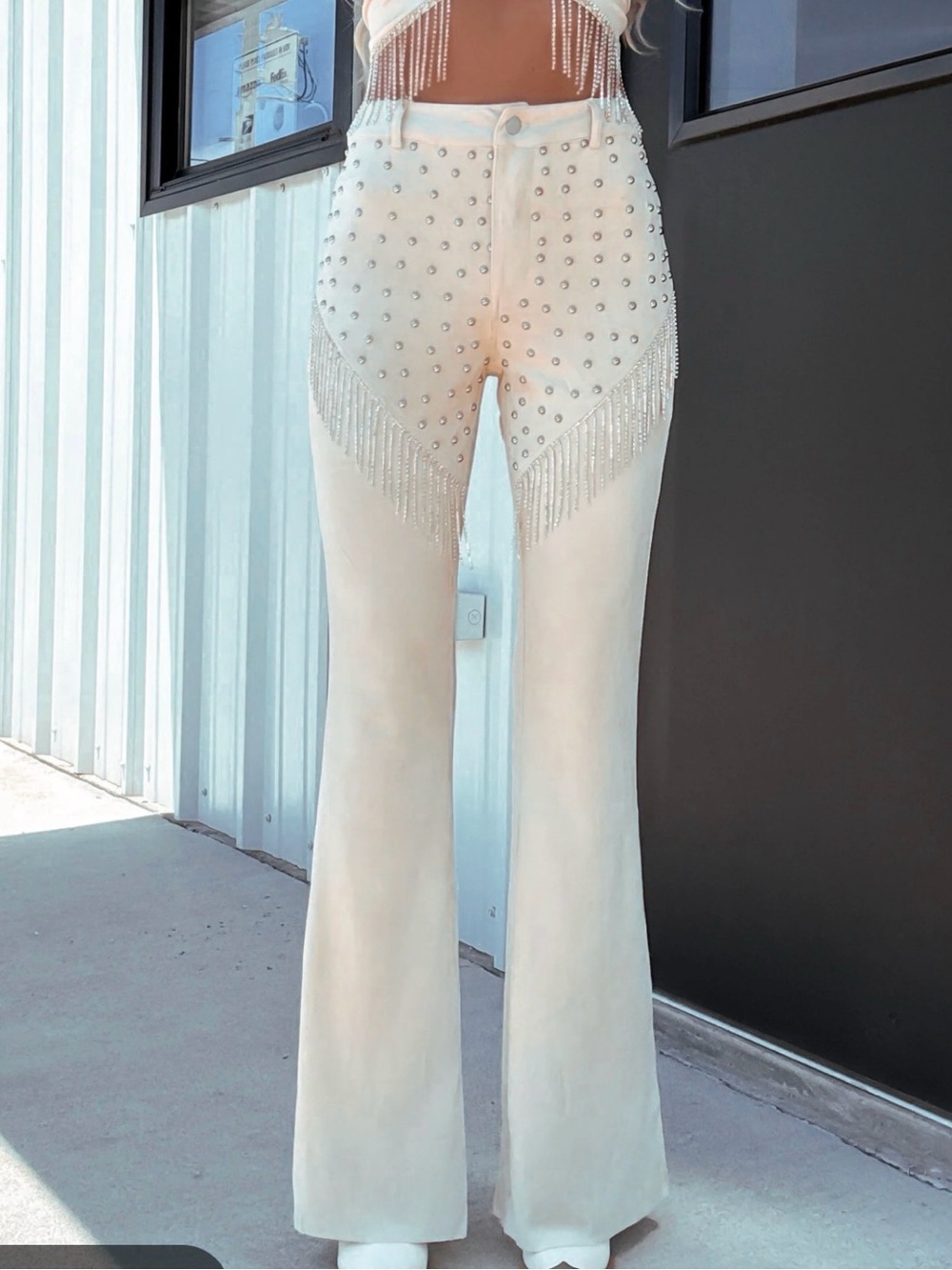 NEW MATTE BLACK Indie Rhinestones Studded Pants Cream Flare Stretch Size XL